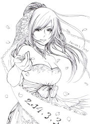 Rule 34 | 1girl, breasts, cleavage, closed mouth, dated, dress, faris scherwiz, final fantasy, final fantasy v, long hair, looking at viewer, monochrome, nashi beni, petals, simple background, smile, solo, white background
