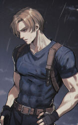 Rule 34 | 1boy, belt, birctreel, black gloves, blonde hair, blue shirt, brown belt, cowboy shot, fingerless gloves, gloves, hand on own hip, harness, highres, knife, leon s. kennedy, looking to the side, male focus, outdoors, parted bangs, rain, resident evil, resident evil 4, resident evil 4 (remake), shirt, short hair, short sleeves, solo, tight clothes, tight shirt, toned, toned male, wet, wet clothes