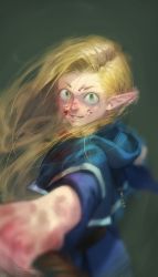Rule 34 | 1girl, absurdres, blonde hair, blood, blood on face, blood on hands, blue dress, blurry, crazy eyes, crazy grin, depth of field, dev (nogchung), dress, dungeon meshi, elf, furrowed brow, green eyes, highres, long hair, looking at viewer, marcille donato, messy hair, pointy ears, signature