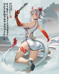 Rule 34 | 1girl, absurdres, arknights, ass, bare arms, bare shoulders, braid, braided ponytail, breasts, china dress, chinese clothes, cleavage, dragon girl, dragon horns, dragon tail, dress, high heels, highres, horns, long hair, looking at viewer, looking back, multicolored hair, nian (arknights), nian (unfettered freedom) (arknights), pointy ears, purple eyes, red hair, silver hair, smile, solo, tail, tattoo, yoshimitsu kataha