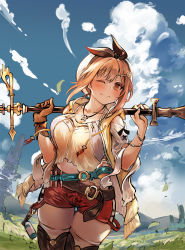 Rule 34 | 1girl, absurdres, atelier (series), atelier ryza, atelier ryza 1, bad id, bad pixiv id, belt, blue belt, blue sky, blush, bracelet, breasts, bridal legwear, brown belt, cleavage, closed mouth, cloud, curvy, day, flask, gloves, hair ornament, hairclip, highres, holding, holding staff, jacket, jewelry, large breasts, leather, leather belt, leather gloves, necklace, one eye closed, outdoors, pouch, red shorts, reisalin stout, round-bottom flask, scenery, short shorts, shorts, single glove, sky, sleeveless, sleeveless jacket, smile, staff, star (symbol), star necklace, suru (ksoo420), thigh pouch, thighs, vial, white headwear, yellow jacket
