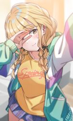 Rule 34 | 1girl, :3, blonde hair, blue skirt, blush, braid, commentary request, covering one eye, fujita kotone, gakuen idolmaster, hair ribbon, highres, idolmaster, jacket, looking at viewer, multicolored clothes, multicolored jacket, paid reward available, plaid, plaid skirt, pleated skirt, ribbon, selfie, shiitake taishi, shirt, skirt, smile, solo, sweatdrop, twin braids, twitter, yellow eyes, yellow shirt