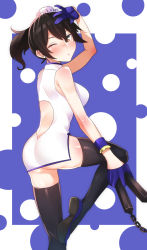 Rule 34 | 10s, 1girl, alternate costume, ass, back cutout, backless outfit, bad id, bad pixiv id, bare shoulders, black hair, black thighhighs, blue gloves, blush, brown eyes, bun cover, china dress, chinese clothes, clothing cutout, dress, earrings, gloves, hair bun, highres, jewelry, kaga (kancolle), kantai collection, kyuuso inukami, leg up, looking at viewer, nunchaku, one eye closed, single hair bun, solo, thighhighs, weapon