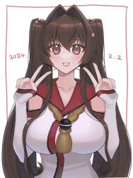 Rule 34 | 1girl, 2024, alternate hairstyle, ayuko91, breasts, brown eyes, brown hair, detached sleeves, double v, highres, kantai collection, large breasts, long hair, parted lips, red shirt, shirt, smile, solo, twintails, twintails day, upper body, v, very long hair, yamato (kancolle)