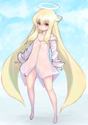 Rule 34 | 1girl, angelia avallone, arcana heart, bare legs, bare shoulders, barefoot, blonde hair, blue sky, closed mouth, cloud, day, dress, full body, hair between eyes, halo, highres, johan (johan13), legs apart, long hair, long sleeves, looking at viewer, off-shoulder dress, off shoulder, orange eyes, outdoors, pink dress, see-through, short dress, sidelocks, sky, sleeves past wrists, smile, solo, very long hair