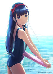 Rule 34 | 1girl, ass, black hair, blue eyes, blue one-piece swimsuit, commentary request, cowboy shot, flat chest, hairband, hiyori mizuki, holding kickboard, kickboard, long hair, looking at viewer, one-piece swimsuit, original, red hairband, school swimsuit, smile, solo, swimsuit, water