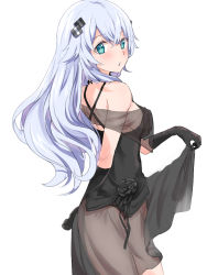 Rule 34 | 1girl, aisu (icicleshot), bare shoulders, black dress, black heart (neptunia), blue eyes, breasts, cleavage, dress, elbow gloves, from side, gloves, long hair, looking at viewer, medium breasts, neptune (series), power symbol, power symbol-shaped pupils, see-through, simple background, solo, symbol-shaped pupils, white background, white hair