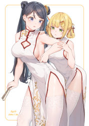 Rule 34 | 2girls, armpits, bare arms, bare shoulders, black hair, blonde hair, blue eyes, breasts, china dress, chinese clothes, cleavage cutout, clothing cutout, dated, double bun, dress, emilia (krt girls), fangxiang cuoluan, green eyes, hair ornament, hairclip, hairpin, hand fan, highres, holding, krt girls, long hair, medium breasts, multiple girls, open mouth, pelvic curtain, sideboob, sleeveless, sleeveless dress, standing, thighhighs, thighs, white dress, white legwear, xiao qiong