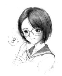 Rule 34 | 1girl, blush, charcoal (medium), flute, glasses, greyscale, holding flute, holding instrument, instrument, looking at viewer, monochrome, musical note, original, pizza man, recorder, school uniform, serafuku, short hair, simple background, solo, spoken musical note, white background