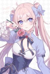 Rule 34 | 1girl, absurdres, blue eyes, blue nails, blue ribbon, breasts, check copyright, checkered background, cleavage, copyright request, earrings, flower, highres, holding, holding flower, jewelry, juliet sleeves, long sleeves, looking at viewer, medium breasts, original, pink hair, puffy sleeves, ribbon, small breasts, solo, tassel, tassel earrings, tongue, tongue out, yasaiseicat