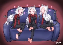 Rule 34 | 3girls, absurdres, animal ears, ass, barefoot, cerberus (helltaker), couch, demon tail, fang, feet, female focus, full body, helltaker, highres, lineup, long hair, looking at viewer, multiple girls, open mouth, red eyes, silver hair, sitting, smile, soles, tail, toes, tsukimaru (ls 99ml)