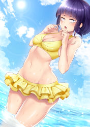 Rule 34 | 1girl, absurdres, audio jack, bare arms, bare shoulders, bikini, bikini skirt, black hair, blue sky, blunt bangs, blush, boku no hero academia, breasts, cable, cloud, commentary request, day, highres, holding, in water, jirou kyouka, kashima mashino, looking at viewer, navel, open mouth, outdoors, short hair, sky, small breasts, solo, sun, swimsuit, teeth, upper teeth only, wading, water, yellow bikini