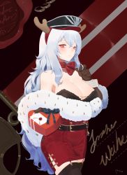 Rule 34 | 1girl, antlers, azur lane, bare shoulders, belt, black bra, black gloves, black thighhighs, blush, box, bra, breasts, garland (decoration), garter straps, gift, gift box, gloves, graf zeppelin (azur lane), hairband, hat, heart-shaped box, highres, holding, holding gift, horns, incoming gift, large breasts, long hair, looking at viewer, peaked cap, pencil skirt, red eyes, red skirt, silver hair, skirt, solo, strapless, strapless bra, thighhighs, underwear, very long hair, wavy hair, wrist cuffs, yueguang zhanglang