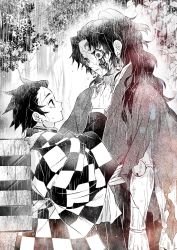 Rule 34 | 1boy, backpack, bag, box, broken, checkered clothes, cracked skin, demon slayer uniform, doll, doll joints, earrings, eyeball, frown, hair over shoulder, hakama, hand up, haori, highres, japanese clothes, jewelry, joints, kamado tanjirou, kimetsu no yaiba, long hair, long sleeves, looking away, looking up, male focus, mintiaorion, monochrome, nature, outdoors, ponytail, profile, rain, reaching, reaching towards viewer, sash, scar, scar on face, scar on forehead, short hair, solo, torn clothes, tsugikuni yoriichi, wet, wide sleeves