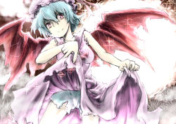 Rule 34 | 1girl, bad id, bad pixiv id, bat wings, blue hair, clothes lift, dress, dress lift, female focus, hat, aged up, red eyes, remilia scarlet, short hair, smile, solo, touhou, wings, zen33n