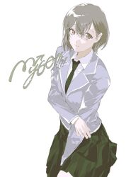 Rule 34 | 1girl, bang dream!, bang dream! it&#039;s mygo!!!!!, blazer, brown eyes, collared shirt, commentary, copyright name, green necktie, green skirt, grey hair, grey jacket, hair between eyes, haneoka school uniform, hashtag-only commentary, highres, jacket, long sleeves, necktie, pleated skirt, school uniform, shirt, short hair, simple background, skirt, solo, takamatsu tomori, white background, white shirt, wigfire
