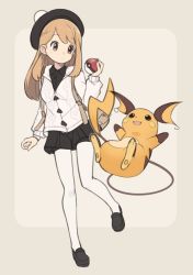 Rule 34 | 1girl, alternate color, black dress, black footwear, black headwear, blush, brown background, brown eyes, cardigan, closed mouth, collared dress, commentary, creatures (company), dress, game freak, gen 1 pokemon, gloria (pokemon), hat, highres, holding, holding poke ball, hood, hood down, hooded cardigan, light brown hair, loafers, long hair, long sleeves, natsuki teru, nintendo, pantyhose, pleated dress, poke ball, poke ball (basic), pokemon, pokemon (creature), pokemon swsh, raichu, shoes, sleeves past wrists, standing, standing on one leg, symbol-only commentary, tam o&#039; shanter, thighhighs, two-tone background, white cardigan, white thighhighs