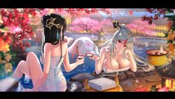 Rule 34 | 2girls, alcohol, barefoot, beidou (genshin impact), black hair, blurry, blurry background, blurry foreground, breasts, chinese commentary, cleavage, commentary request, crossed legs, cup, depth of field, elbow rest, facing away, flower, genshin impact, hair bun, hair ornament, hair stick, head tilt, highres, large breasts, letterboxed, long hair, looking at viewer, mixed-language commentary, multiple girls, naked towel, ningguang (genshin impact), onsen, petals, sakazuki, silver gloves, single hair bun, sitting, smile, swordsouls, towel, water