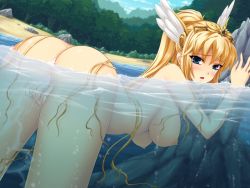 Rule 34 | 1girl, artist request, ass, bent over, blonde hair, blue eyes, breasts, censored, dutch angle, female masturbation, fingering, forest, game cg, head wings, large breasts, long hair, looking at viewer, looking back, masturbation, monster park, mosaic censoring, nature, nipples, nude, outdoors, partially submerged, partially underwater shot, ponytail, solo, stia (monster park), submerged, tiara, underwater, valkyrie, very long hair, water, wings