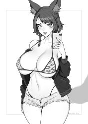 Rule 34 | 1girl, animal ear fluff, animal ears, animal print, artist name, bikini, braid, brassica, breasts, cleavage, collarbone, cowboy shot, facial mark, highleg, highleg bikini, highres, holding, holding phone, jacket, large breasts, leopard print, navel, off shoulder, open fly, original, phone, short shorts, shorts, solo, strap gap, swimsuit, tail