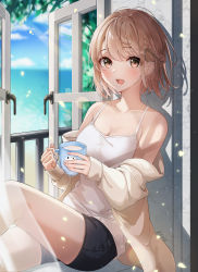 Rule 34 | 1girl, absurdres, bare shoulders, black shorts, braid, breasts, brown eyes, brown hair, camisole, cleavage, collarbone, cup, day, highres, holding, jacket, knee up, lebring, long sleeves, looking at viewer, medium breasts, mug, off shoulder, open clothes, open jacket, open mouth, original, shirt, short hair, short shorts, shorts, sitting, sleeveless, sleeveless shirt, solo, spaghetti strap, white jacket, white shirt