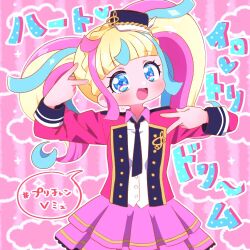 Rule 34 | 1girl, :d, black hat, black necktie, blonde hair, blue eyes, blue hair, blunt bangs, blush, chii (chi pppuri), collared shirt, commentary request, cowboy shot, daia (pri chan), double v, hands up, hat, high school! kiratto pri chan, jacket, kiratto pri chan, long hair, long sleeves, looking at viewer, mini hat, multicolored hair, necktie, open mouth, outline, pink background, pink hair, pink jacket, pink skirt, pleated skirt, pretty series, shirt, sidelocks, skirt, smile, solo, speech bubble, standing, streaked hair, translation request, twintails, v, white outline, white shirt