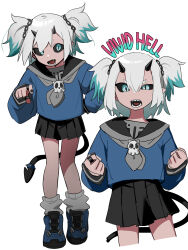 Rule 34 | 1girl, absurdres, angry, aqua hair, arm behind back, black horns, black nails, black sclera, black skirt, black tail, blue eyes, blue shirt, clenched hands, colored sclera, colored tips, cowboy shot, demon girl, demon tail, full body, highres, horns, hyow, jewelry, layered clothes, layered sleeves, leg warmers, long sleeves, multicolored hair, multiple views, nail polish, open mouth, original, pleated skirt, pointing, pointing at viewer, ring, sailor collar, sharp teeth, shirt, shoes, skirt, skull ornament, sleeve cuffs, small horns, sneakers, spiked footwear, tail, tail ornament, teeth, two side up, uneven eyes, white hair, white leg warmers