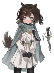 Rule 34 | 1girl, absurdres, animal ears, black choker, black gloves, black pantyhose, blue cape, blush, brown hair, cape, choker, closed mouth, commentary request, dagger, dokomon, gloves, grey eyes, highres, knife, long sleeves, one side up, original, own hands together, pantyhose, pleated skirt, puffy long sleeves, puffy sleeves, shirt, simple background, skirt, solo, tail, wavy mouth, weapon, white background, white shirt, white skirt