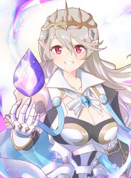 Rule 34 | 1girl, absurdres, armor, breasts, brooch, capelet, cleavage, collar, commentary request, corrin (female) (fire emblem), corrin (female) (silent bloodline) (fire emblem), corrin (fire emblem), crown, dragonstone, family crest, fire emblem, fire emblem fates, fire emblem heroes, gauntlets, grin, highres, ikonaska, jewelry, looking at viewer, medium breasts, nintendo, official alternate costume, pointy ears, red eyes, smile, solo, teeth, upper body, white capelet, white hair