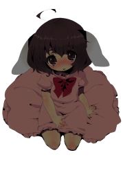 Rule 34 | 1girl, ahoge, animal ears, black hair, blush, bow, circle skirt, dress, female focus, from above, full body, ichihaya, inaba tewi, kneeling, rabbit ears, red eyes, short hair, simple background, solo, tears, touhou, white background