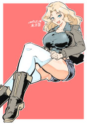Rule 34 | 1girl, absurdres, adjusting clothes, adjusting legwear, artist name, black footwear, black shirt, blonde hair, blue eyes, blue shorts, boots, brown jacket, commentary, cutoffs, dated, denim, denim shorts, emblem, girls und panzer, hair intakes, highres, invisible chair, jacket, kay (girls und panzer), long hair, long sleeves, looking at viewer, midriff, military, military uniform, one-hour drawing challenge, open clothes, open jacket, open mouth, outline, red background, saunders military uniform, shinkuukan (tetsuo3), shirt, short shorts, shorts, signature, sitting, smile, solo, star (symbol), thighhighs, uniform, white outline, white thighhighs, zipper