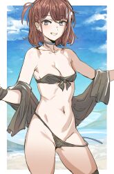 Rule 34 | 1girl, armpit crease, bikini, black bikini, black thighhighs, blue choker, blue sky, bow (bhp), breasts, brown hair, character request, choker, cleavage, cloud, cloudy sky, collarbone, copyright request, grey eyes, looking at viewer, medium breasts, multicolored hair, navel, outdoors, outstretched arms, partially visible vulva, side ponytail, skindentation, sky, smile, solo, spread arms, standing, swimsuit, teeth, thighhighs, wardrobe malfunction, white hair