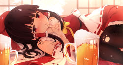 Rule 34 | 1girl, alcohol, alternate neckwear, bad id, bad pixiv id, beer, beer mug, between legs, black pantyhose, blush, bow, bowtie, breasts, brown hair, cup, detached sleeves, drunk, finger to mouth, hair bow, hair tubes, hakurei reimu, hand between legs, highres, long hair, looking at viewer, lying, medium breasts, mug, on side, pantyhose, paw print, petals, petticoat, pillow, red skirt, red vest, ribbon-trimmed sleeves, ribbon trim, shangurira, shouji, skirt, sliding doors, solo, touhou, vest, yellow bow, yellow bowtie