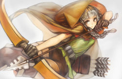 Rule 34 | 1girl, arrow (projectile), belt, black gloves, boots, bow (weapon), braid, brown eyes, cloak, dragon&#039;s crown, drawing bow, elf, elf (dragon&#039;s crown), gloves, holding bow (weapon), hood, long hair, mins (minevi), pointy ears, shorts, silver hair, solo, thigh boots, thighhighs, twin braids, weapon