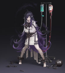 Rule 34 | 1girl, absurdres, ahoge, ball and chain restraint, bandaged leg, bandages, black hair, black nails, blood, blood bag, broken, broken chain, chain, commentary, cuffs, dark background, english commentary, eyepatch, gradient background, gradient hair, highres, intravenous drip, kalle21, long hair, looking at viewer, messy hair, multicolored hair, nail polish, original, parted lips, purple eyes, purple hair, shackles, solo, straitjacket, teeth