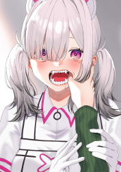 Rule 34 | 1girl, blush, finger in another&#039;s mouth, gomo, grey background, hair over one eye, highres, long hair, looking at viewer, mouth pull, nijisanji, open mouth, pov, pov hands, purple eyes, silver hair, simple background, solo focus, sukoya kana, teeth, tongue, twintails, upper body, virtual youtuber