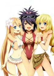 Rule 34 | 00s, 3girls, :d, absurdres, age difference, arm around shoulder, armpits, artist request, bikini, bikini skirt, black hair, blonde hair, blue eyes, bow, bracelet, breasts, casual one-piece swimsuit, center opening, choker, cleavage, clenched hand, colette brunel, cowboy shot, cross-laced clothes, eyewear on head, floral print, flower, front-tie bikini top, front-tie top, fujibayashi sheena, gem, groin, hair between eyes, hair flower, hair ornament, hair ribbon, happy, heart, heart print, high ponytail, highleg, highleg swimsuit, highres, hug, jewelry, large breasts, legs apart, legs together, long hair, looking at viewer, low-tied long hair, low twintails, lualdi, marta lualdi, messy hair, multiple girls, narrow waist, navel, neck ring, official alternate costume, one-piece swimsuit, open mouth, orange eyes, orange hair, own hands together, ponytail, purple hair, red gemstone, red one-piece swimsuit, ribbon, sarong, scrunchie, short hair, short ponytail, side-by-side, sidelocks, simple background, small breasts, smile, standing, star (symbol), star print, sunglasses, swimsuit, tales of (series), tales of symphonia, tales of symphonia: dawn of the new world, thigh gap, twintails, very long hair, white background, white bikini, white one-piece swimsuit