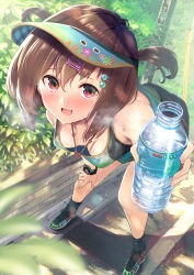 Rule 34 | 1girl, :d, arm support, bare shoulders, beads, bent over, black socks, blurry, blush, bottle, breasts, brown hair, cross-laced footwear, day, depth of field, downblouse, drain (object), fang, from above, furukawa itsuse, hair between eyes, hair ornament, hairclip, hanging breasts, heart, highres, holding, holding bottle, hot, jewelry, legs apart, looking at viewer, medium breasts, necklace, open mouth, original, outdoors, outstretched arm, plaid, plant, pole, red eyes, shadow, shoes, smile, sneakers, socks, solo, sportswear, standing, star (symbol), sweat, tongue, two side up, visor cap, watch, water bottle, wristwatch