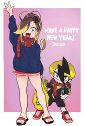 Rule 34 | 1boy, 1girl, 2020, aqua eyes, arm up, backpack, bag, bare legs, black shirt, black shorts, blonde hair, blue sweater, blush, brown hair, english text, fang, gashi-gashi, grey eyes, hair ornament, hair over one eye, hairclip, happy new year, highres, knit sweater, looking at viewer, new year, open mouth, original, plaid, plaid scarf, ponytail, purple background, red footwear, red scarf, red shorts, sandals, scarf, shirt, shoes, shorts, smile, spring onion, sweater