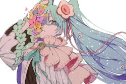 Rule 34 | 1girl, aqua eyes, aqua flower, aqua hair, aqua ribbon, black shirt, bright pupils, choker, commentary, eiku, flower, flower-shaped pupils, flower brooch, frilled choker, frilled sleeves, frills, hair between eyes, hair flower, hair ornament, hair ribbon, hand on own face, hand up, hatsune miku, highres, jacket, long hair, long sleeves, looking at viewer, magical mirai (vocaloid), magical mirai miku, magical mirai miku (2021), neck ribbon, one eye covered, open clothes, open jacket, orange flower, parted lips, pink choker, pink flower, pink ribbon, purple flower, red flower, ribbon, shirt, simple background, solo, symbol-shaped pupils, teeth, twintails, upper body, vocaloid, white background, white jacket, white pupils, yellow flower