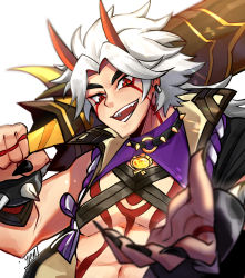Rule 34 | 1boy, absurdres, arataki itto, black nails, blurry, bracelet, club, club (weapon), commentary, depth of field, english commentary, fingernails, genshin impact, highres, holding club, holding weapon, horns, jewelry, long hair, looking at viewer, nail polish, oni, oni horns, open mouth, reaching, reaching towards viewer, red eyes, sharp fingernails, simple background, smile, solo, spiked bracelet, spiked club, spikes, tattoo, upper body, weapon, white background, white hair, yukiredmix