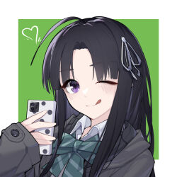 Rule 34 | 1girl, awa subaru, black hair, black jacket, blue bow, blue bowtie, bow, bowtie, cellphone, closed mouth, commentary request, girls band cry, green background, hair ribbon, heart, holding, holding phone, jacket, long hair, long sleeves, looking at viewer, one eye closed, phone, purple eyes, ribbon, selfie, shirt, simple background, sleeves past wrists, smartphone, solo, taking picture, tongue, tongue out, white ribbon, white shirt, yun cao bing