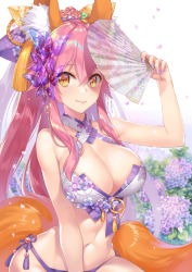 Rule 34 | 10s, 1girl, animal ear fluff, animal ears, bikini, breasts, bug, butterfly, cleavage, commentary request, criss-cross halter, fate/extra, fate (series), flower, fox ears, fox tail, hair ornament, halterneck, hand fan, hydrangea, insect, large breasts, long hair, nail polish, navel, onigiri-kun (demmy), pink hair, side-tie bikini bottom, solo, swimsuit, tail, tamamo (fate), tamamo no mae (fate/extra), yellow eyes