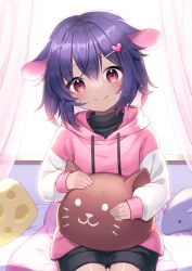 Rule 34 | 1girl, absurdres, animal ears, bed, blush, bow, closed mouth, commission, curtains, dark skin, drawstring, facial mark, hair ornament, hairclip, highres, holding, holding stuffed toy, hood, hood down, hoodie, indie virtual youtuber, long sleeves, looking at viewer, md5 mismatch, mouse ears, mouse girl, original, pillow, purple hair, red eyes, resolution mismatch, short hair, shorts, sitting, sleeves past wrists, smile, solo, source smaller, stuffed animal, stuffed toy, suzuno naru, sweater, tail, turtleneck, virtual youtuber, yatra (vtuber)