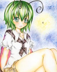 Rule 34 | 1girl, antennae, bare legs, blouse, blue background, bug, cape, colored pencil (medium), firefly, green eyes, green hair, insect, knees up, kuropotechi, looking away, matching hair/eyes, open mouth, painting (medium), shirt, short hair, short sleeves, shorts, sitting, sitting on hand, solo, touhou, traditional media, wriggle nightbug