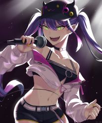Rule 34 | 1girl, absurdres, barbell piercing, baseball cap, black hat, blunt bangs, choker, commentary, crop top, cropped jacket, ear piercing, english commentary, fake horns, fangs, floating hair, green eyes, hat, highres, holding, holding microphone, hololive, horned headwear, horns, industrial piercing, mawaridi, microphone, multicolored hair, music, nail polish, navel, o-ring, o-ring choker, off-shoulder jacket, off shoulder, open mouth, piercing, pink hair, pink nails, pointy ears, purple hair, shorts, sidelocks, singing, solo, streaked hair, tokoyami towa, twintails, virtual youtuber, yellow nails