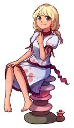 Rule 34 | 1girl, barefoot, blonde hair, brown eyes, commentary, dark-skinned female, dark skin, dress, ebisu eika, english commentary, frilled shirt, frilled skirt, frills, full body, hand on own chest, hand on own knee, long earlobes, long hair, looking at viewer, parted lips, puffy short sleeves, puffy sleeves, shirt, short sleeves, sitting, skirt, smile, solo, speckticuls, stone, touhou, transparent background, wily beast and weakest creature