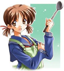 Rule 34 | 1990s (style), 1girl, :d, adachi taeko, apron, aqua background, brown eyes, brown hair, freckles, gradient background, holding, jpeg artifacts, ladle, long sleeves, looking at viewer, low twintails, lowres, open mouth, outline, retro artstyle, school uniform, sentimental graffiti, serafuku, short twintails, smile, solo, takeya masami, twintails, upper body