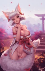 Rule 34 | 1girl, animal ears, bell, bow, bracelet, breasts, breasts out, cowboy shot, crush crush, erection, facial mark, falling petals, fingernails, fox ears, fox girl, fox tail, futanari, futanari, hair bell, hair ornament, head tilt, highres, japanese clothes, jewelry, jingle bell, kimono, looking at viewer, medium breasts, medium hair, nail polish, nipples, off shoulder, orange eyes, parted lips, penis, personal ami, petals, red bow, short kimono, signature, smile, solo, stairs, standing, suzu (crush crush), tail, testicles, torii, uncensored, whisker markings, white hair, white nails