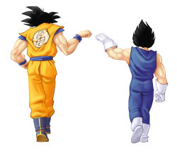 Rule 34 | 2boys, black hair, boots, clothes writing, dragon ball, dragonball z, fist bump, from behind, gloves, jamie, male focus, multiple boys, muscular, simple background, son goku, vegeta, walking, wristband